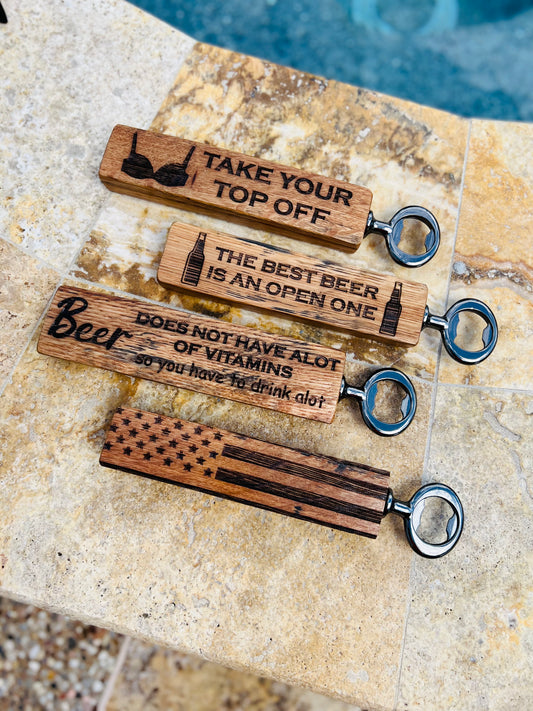 Whiskey stave-bottle opener